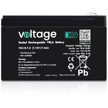 Batería AGM Long Life Voltage 12V 7Ah VEL12-7.0 (15 años de vida útil de diseño)