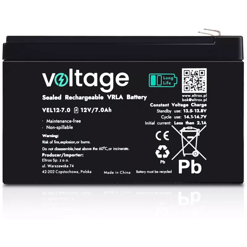 Batería AGM Long Life Voltage 12V 7Ah VEL12-7.0 (15 años de vida útil de diseño)