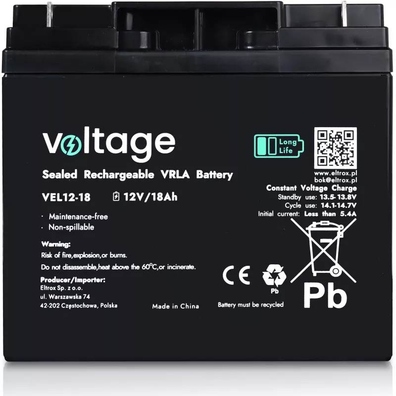Batería AGM Long Life VOLTAGE 12V 18Ah VEL12-18