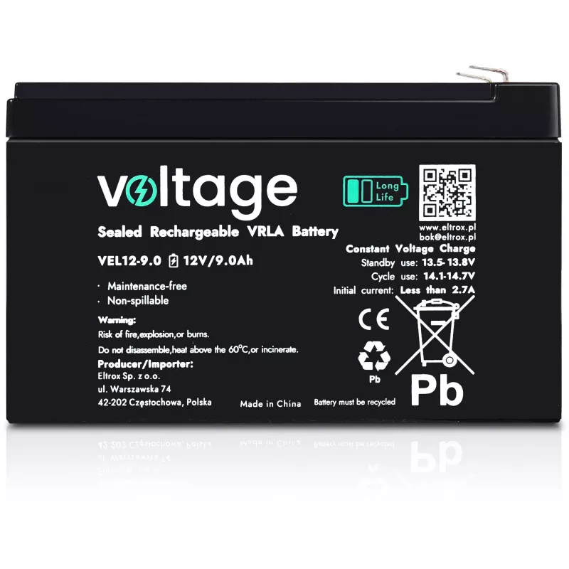 Batería AGM Long Life Voltage 12V 9Ah VEL12-9.0 (15 años de vida útil de diseño)