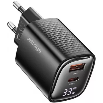 Voltage Cargador GaN Mini 33W PD 3.0 QC 3.0 USB-A USB-C con pantalla digital negro