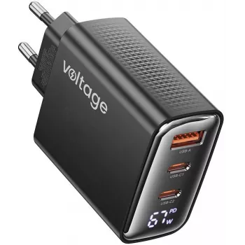 Cargador Voltage GaN 67W PD 3.0 QC 4.0 USB-A 2x USB-C con pantalla digital negro