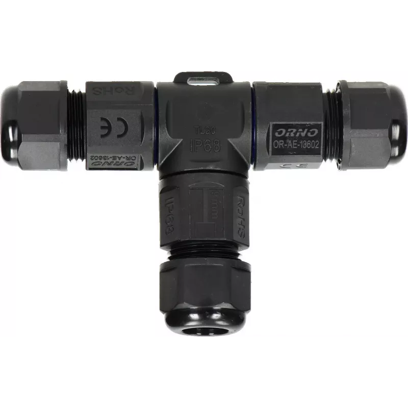 ORNO OR-AE-13602 Conector en T IP68, 3x4mm², 450V/25A, negro