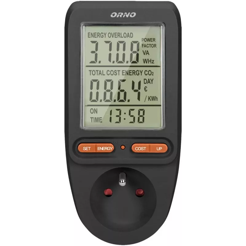 ORNO OR-WAT-435/B Medidor de coste energético y consumo eléctrico, 230V, 16A, pantalla LCD, negro