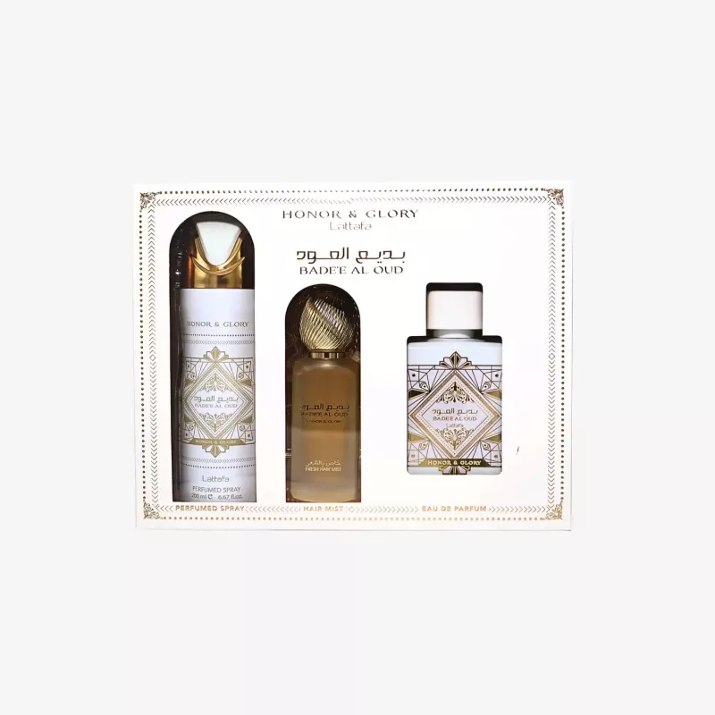 Lattafa Honor & Glory Badee Al Oud Eau de Parfum Set de regalo - 100ml EDP + 200ml bruma corporal perfumada + 300ml ambientador