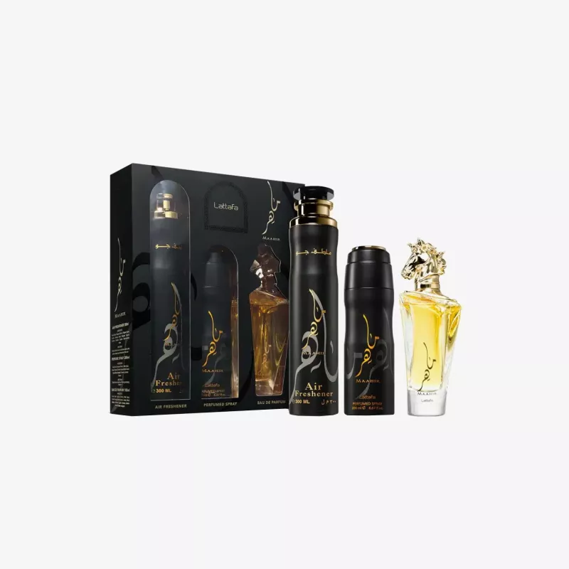 Lattafa Maahir Black Edition Eau de Parfum Set de regalo - 100ml EDP Spray + 200ml spray de perfume + 300ml ambientador