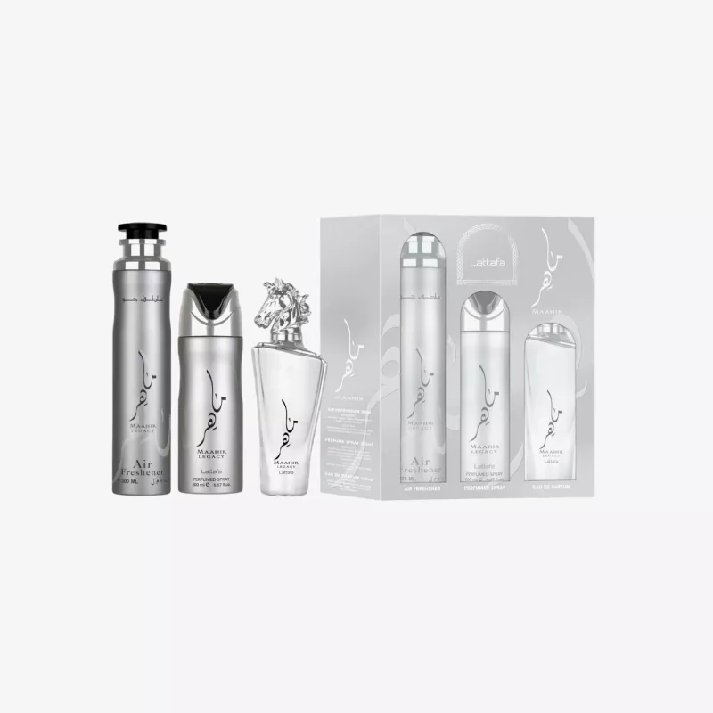 Lattafa Maahir Legacy set de regalo, EDP spray 100 ml + spray perfumado 200 ml + ambientador 300 ml