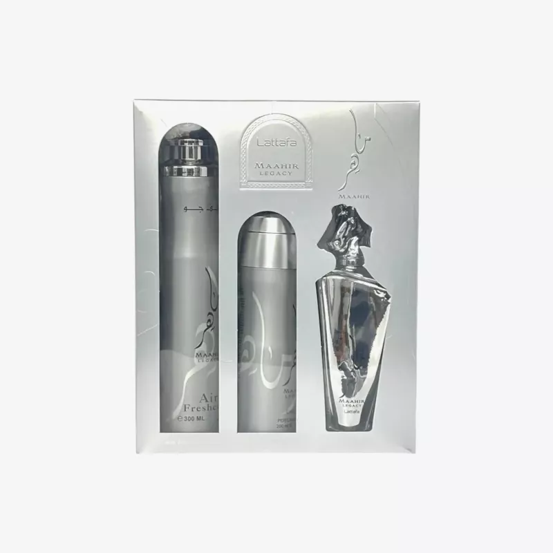 Lattafa Maahir Legacy set de regalo, EDP spray 100 ml + spray perfumado 200 ml + ambientador 300 ml