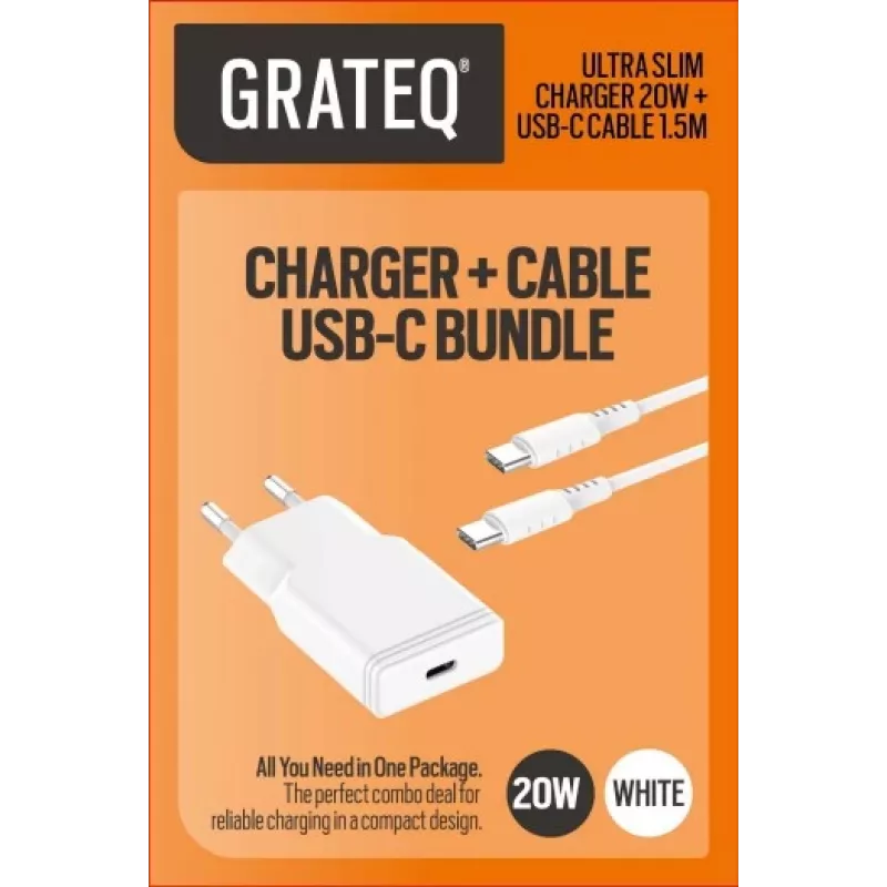 GRATEQ TAHKO 20W USB-C PD Cargador de pared pack con cable USB-C a Lightning de 1,5 m, Blanco