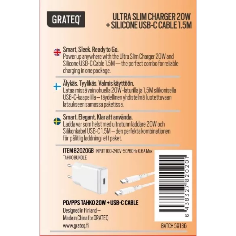 GRATEQ TAHKO 20W USB-C PD Cargador de pared pack con cable USB-C a Lightning de 1,5 m, Blanco