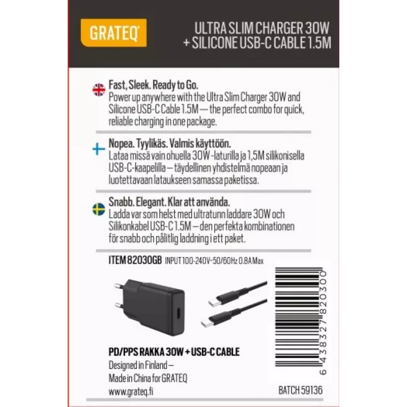 GRATEQ RAKKA CARGADOR 30W + CABLE 1.5M BUNDLE BLACK