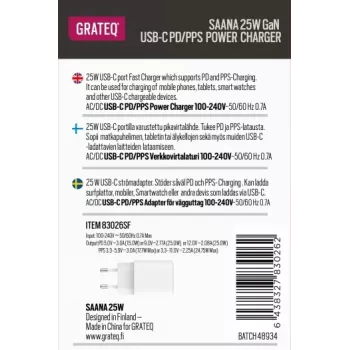 GRATEQ SAANA GaN USB-C 25W PD/PPS Cargador de pared Blanco