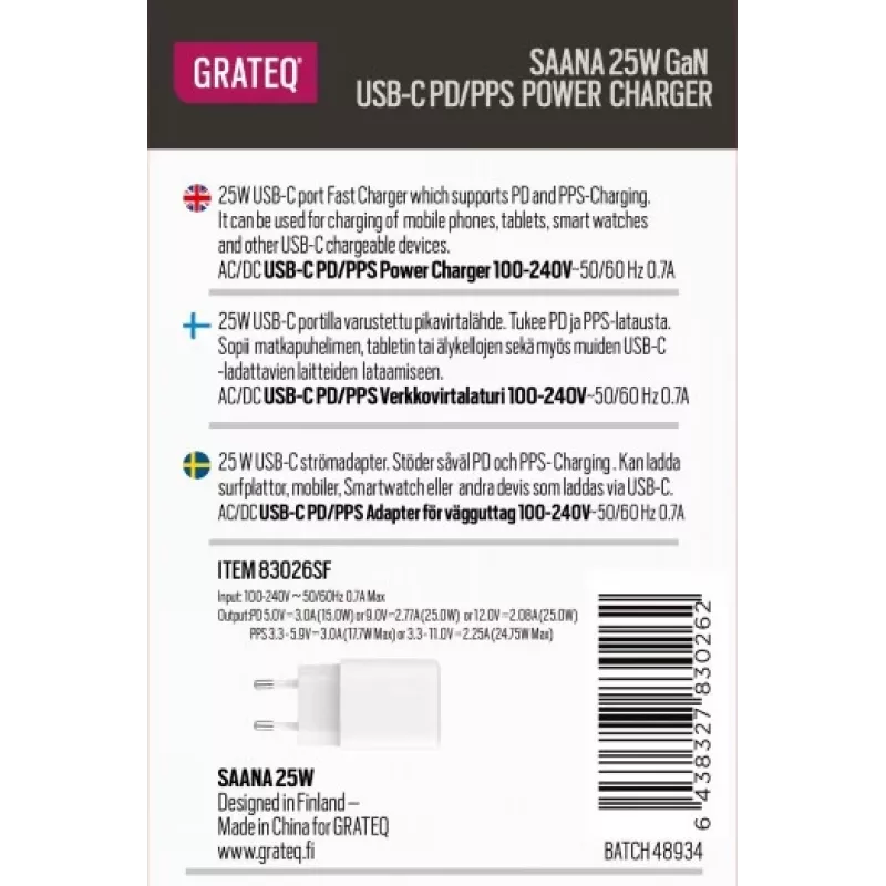 GRATEQ SAANA GaN USB-C 25W PD/PPS Cargador de pared Blanco
