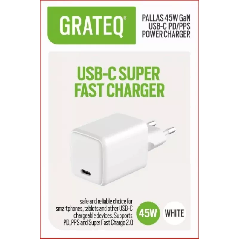 GRATEQ PALLAS GaN USB-C 45W Fuente de alimentación Blanca