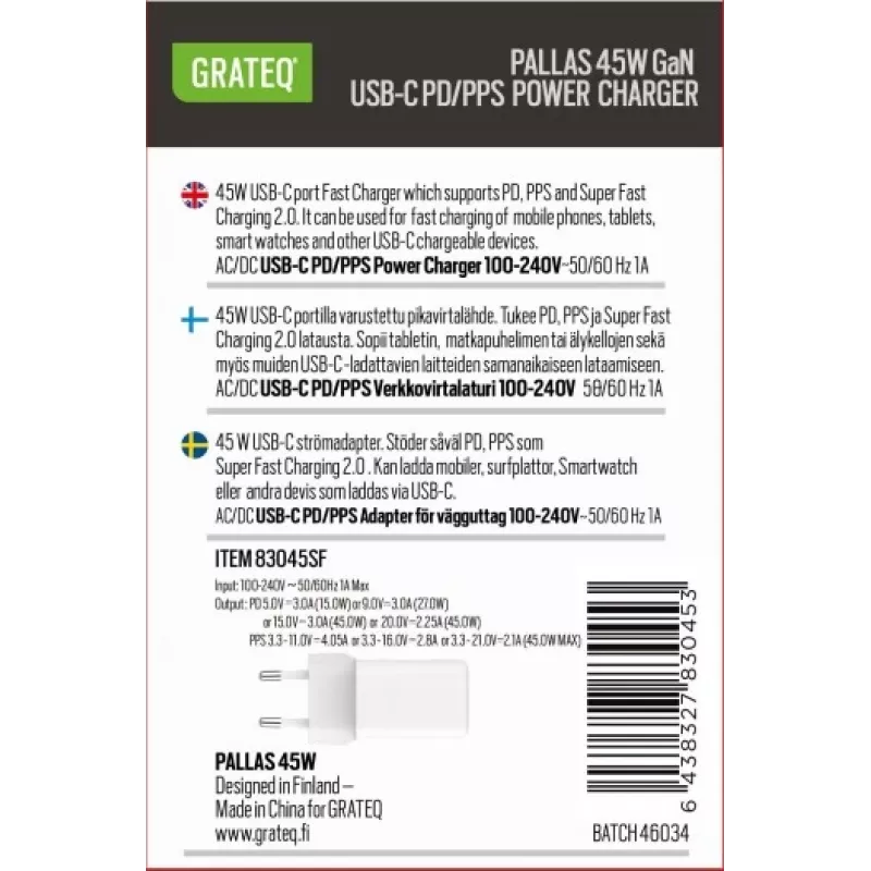 GRATEQ PALLAS GaN USB-C 45W Fuente de alimentación Blanca