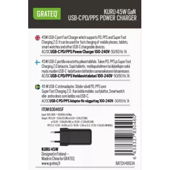 GRATEQ KURU Cargador de pared GaN USB-C PD/PPS 45W negro