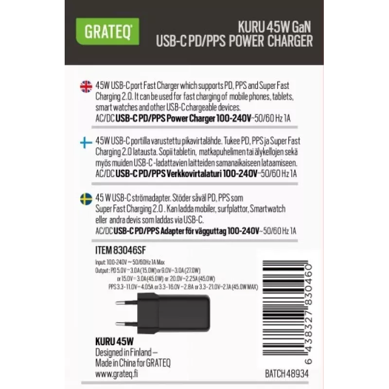 GRATEQ KURU Cargador de pared GaN USB-C PD/PPS 45W negro