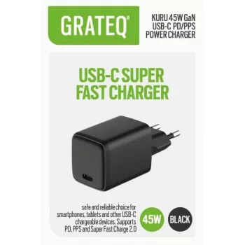 GRATEQ KURU Cargador de pared GaN USB-C PD/PPS 45W negro