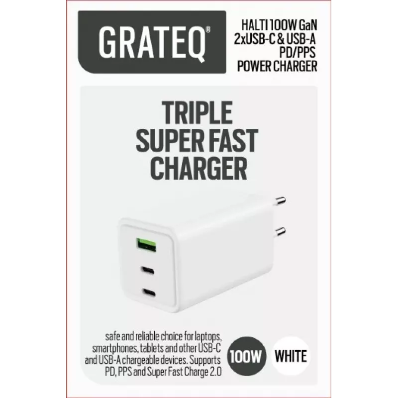 GRATEQ HALTI Cargador de pared GaN PD/PPS 2xUSB-C/1xUSB-A 100W negro