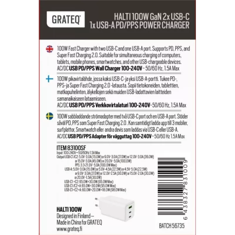 GRATEQ HALTI Cargador de pared GaN PD/PPS 2xUSB-C/1xUSB-A 100W negro