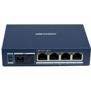 Hikvision DS-3D504TP-A Switch PoE Industrial No Gestionado, 4 Puertos PoE+, 1 Uplink SFP, 60W Budget