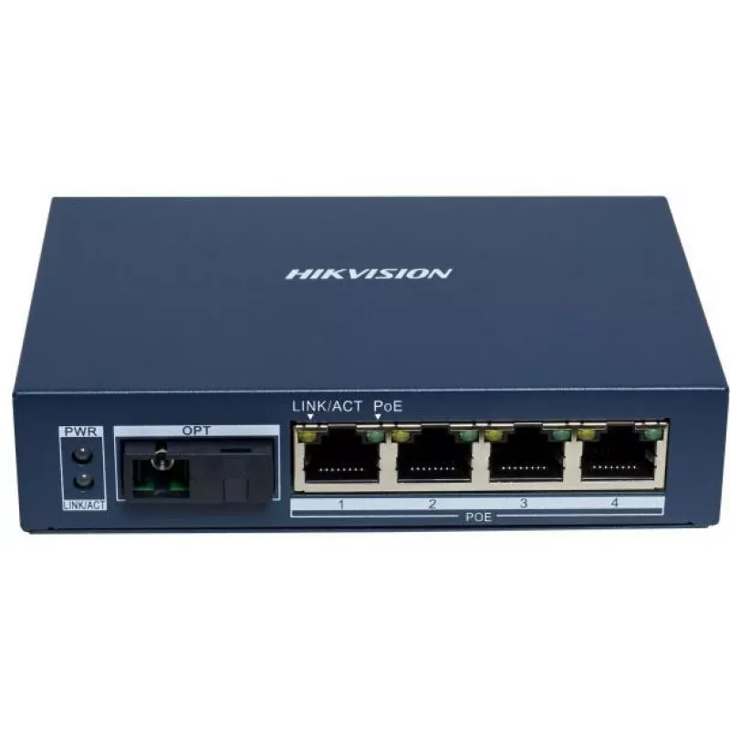 Hikvision DS-3D504TP-A Switch PoE Industrial No Gestionado, 4 Puertos PoE+, 1 Uplink SFP, 60W Budget