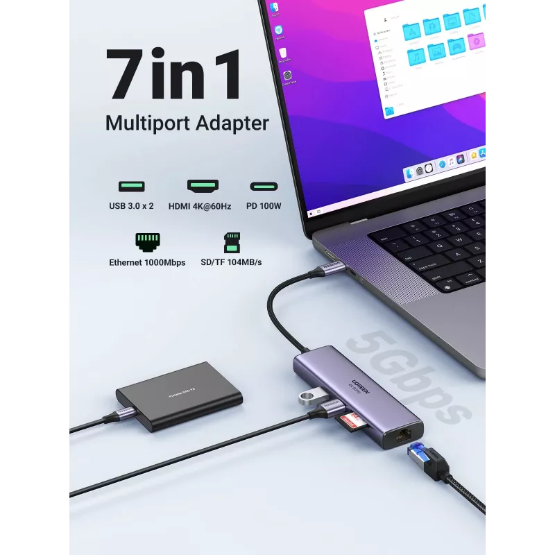 UGREEN 60515 hub USB-C 7 en 1, HDMI 4K 60Hz, Ethernet, 100 W PD, gris