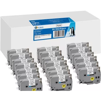 20x G&G cinta de etiquetas compatible 18mm x 8m negro sobre blanco para Brother TZe-241 (21570)