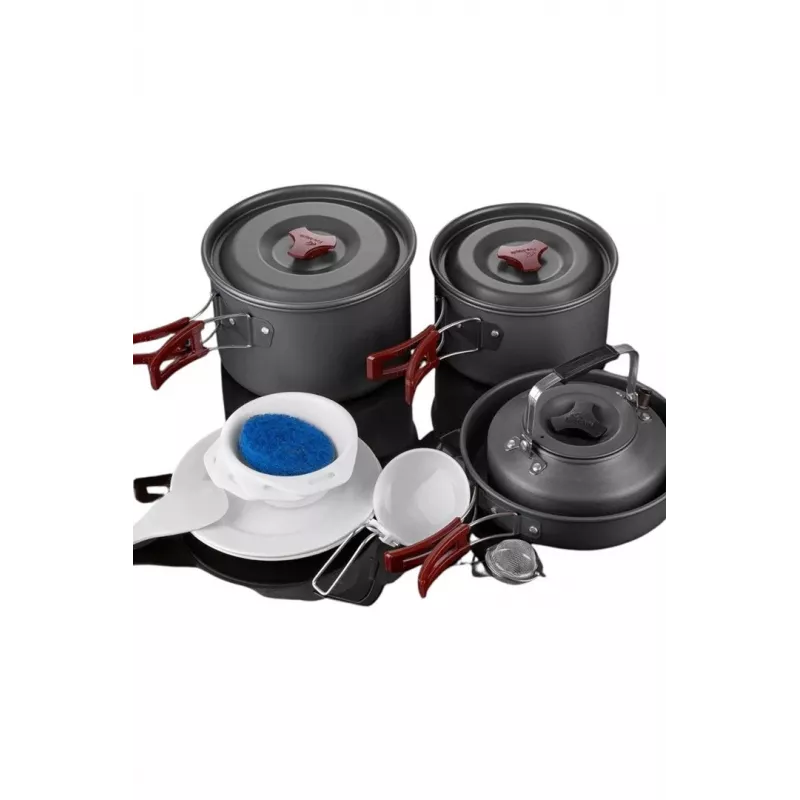 FIREMAPLE Set de Menaje de Cocina FMC-209 - Set de Cocina de Camping de 9 Piezas con Sartén Antiadherente, Ollas, Cuencos y Bolsa de Red