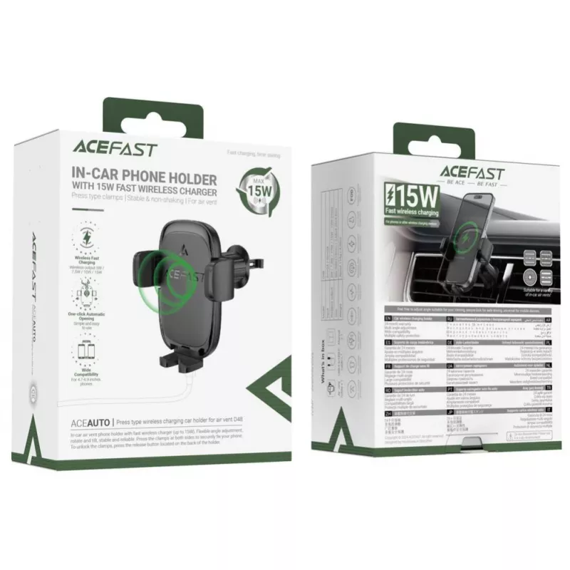 Acefast D48 Soporte para Rejilla de Ventilación de Coche con Cargador Inalámbrico Negro