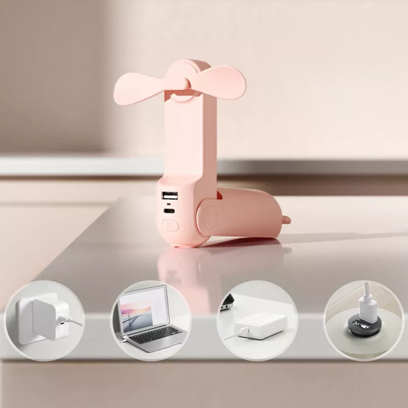 Jisulife Life8 Ventilador de mano portátil USB con power bank 2000mAh y linterna - Rosa