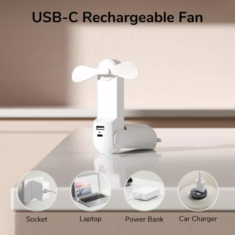 JISULIFE Ventilador de mano 8 Blanco portátil USB con power bank 2000mAh y linterna