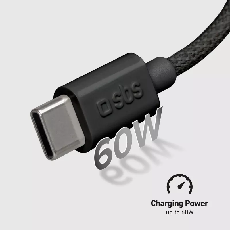 SBS TECABLETISSUETCCK Cable trenzado USB-C a USB-C 1,5 m 60 W PD carga rápida y sincronización de datos - Negro