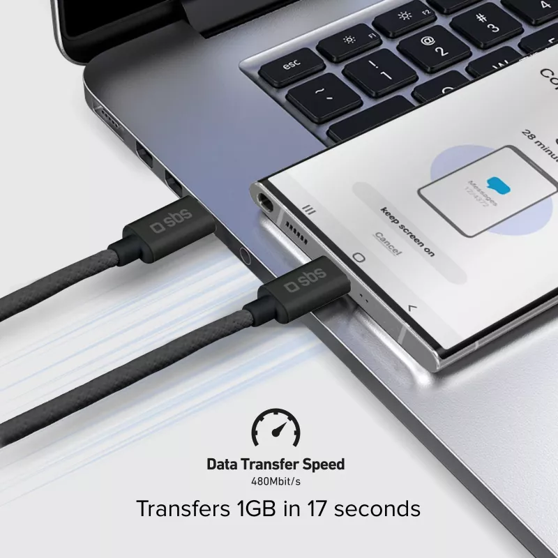 SBS TECABLETISSUETCCK Cable trenzado USB-C a USB-C 1,5 m 60 W PD carga rápida y sincronización de datos - Negro