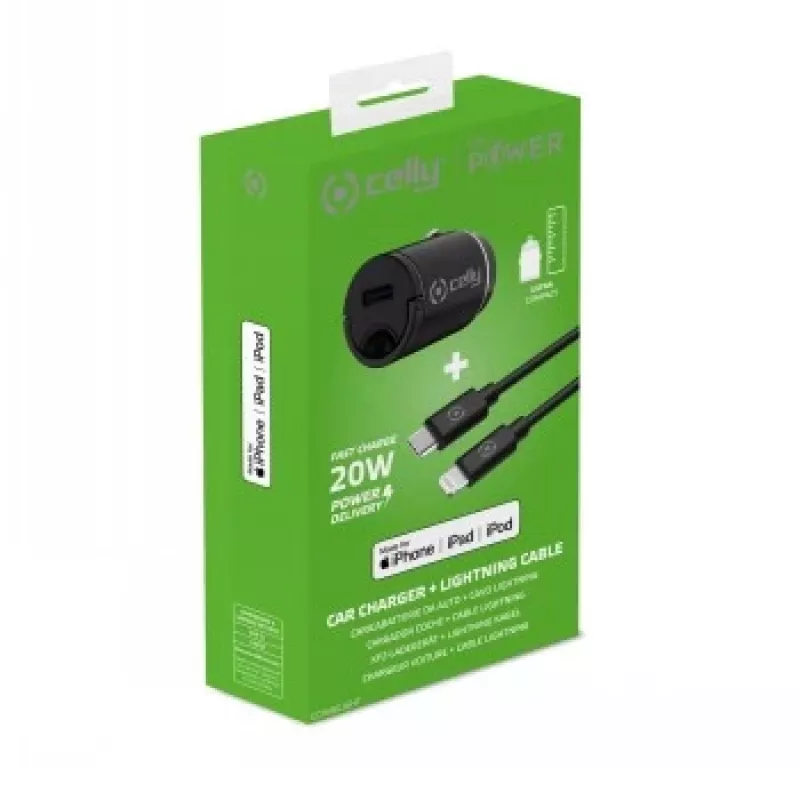 CELLY CCMINILIGHT – cargador de coche USB-C + cable USB-C a Lightning 20W [PRO POWER]