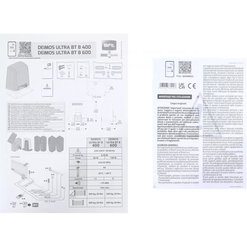 BFT DEIMOS ULTRA BT B400 EE KIT automatismo de puerta corredera para puertas de hasta 400 kg