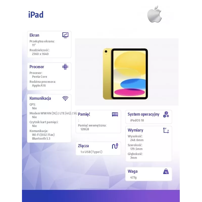 Apple iPad 10.9 11.ª generación (2025) 128GB WiFi - Amarillo