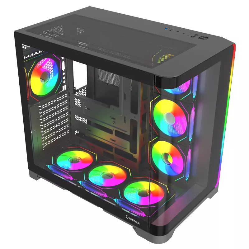 Caja de PC gaming semitorre Rampage LYRON, 7x ventiladores ARGB PWM, cristal templado, negra