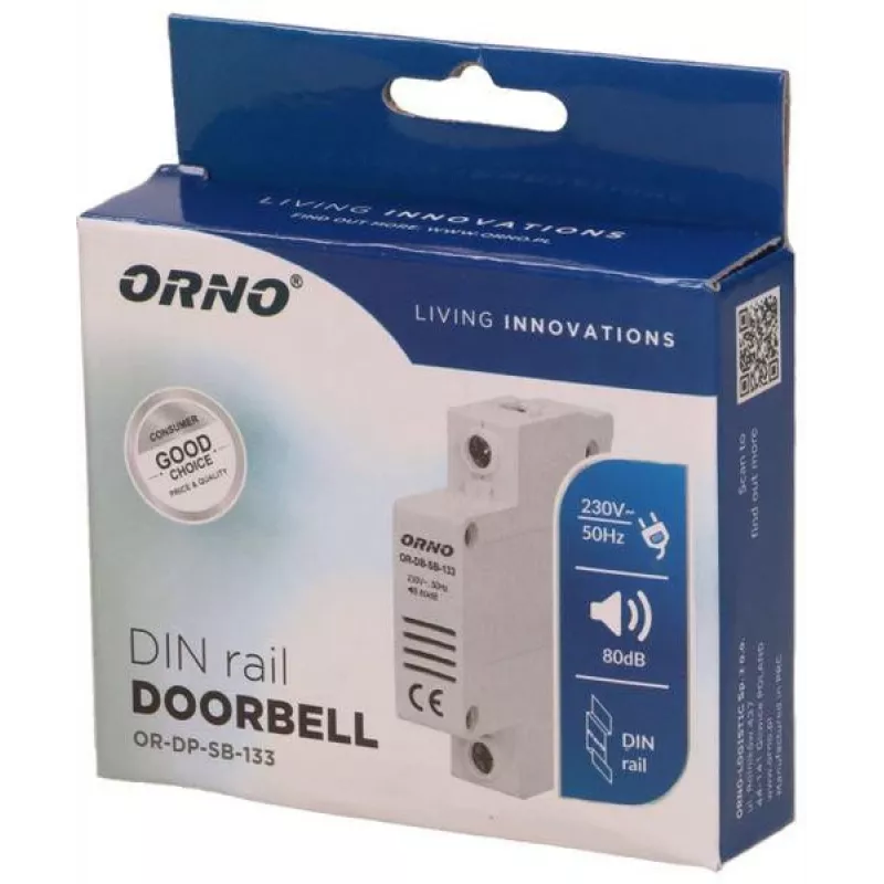 Timbre de puerta con cable ORNO OR-DP-SB-133, carril DIN 1 módulo, 230V AC, 85 dB, blanco/gris