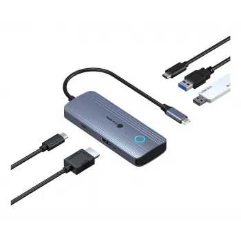 IcyBox IB-DK4081-SO Spade Dock 4081 Estación de acoplamiento de viaje 5 en 1 con función de carga Off-Screen, USB-C, HDMI 4K, Gigabit Ethernet, 2x USB-A, 100W PD, aluminio