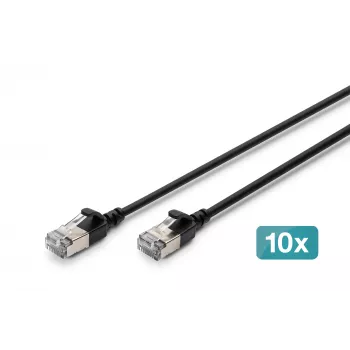 DIGITUS CAT 6A F/FTP Cable de red Slim, 0,3 m, Negro, pack de 10, LSZH, 10 Gbit/s, 500 MHz