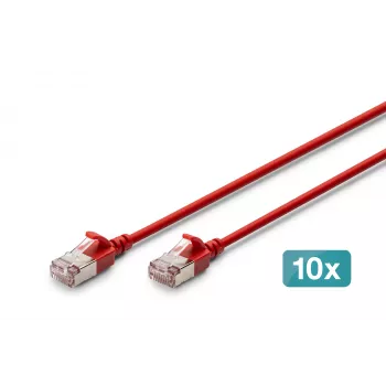 DIGITUS CAT 6A F/FTP Cable de red Slim, 0,5 m, Rojo, pack de 10, LSZH, 10 Gbit/s