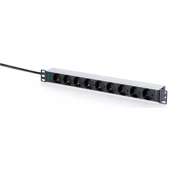 DIGITUS Regleta de 9 tomas Schuko con perfil de aluminio, montaje en rack 1U, cable de 2m, 16A, 3680W, Negro/Plata