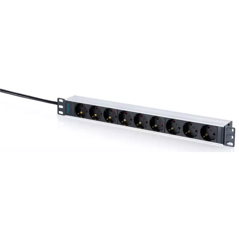 DIGITUS Regleta de 9 tomas Schuko con perfil de aluminio, montaje en rack 1U, cable de 2m, 16A, 3680W, Negro/Plata