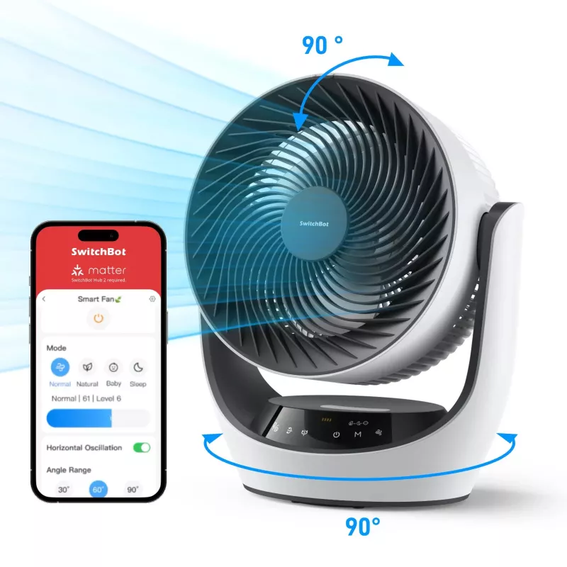 SwitchBot ventilador de circulación inteligente con batería, 100 niveles de velocidad, oscilación horizontal de 90° y vertical de 100°, Bluetooth y Wi-Fi (requiere hub), blanco
