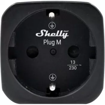 Shelly Plug M Gen3 enchufe inteligente negro con monitorización de energía, 13A, Wi-Fi y Bluetooth