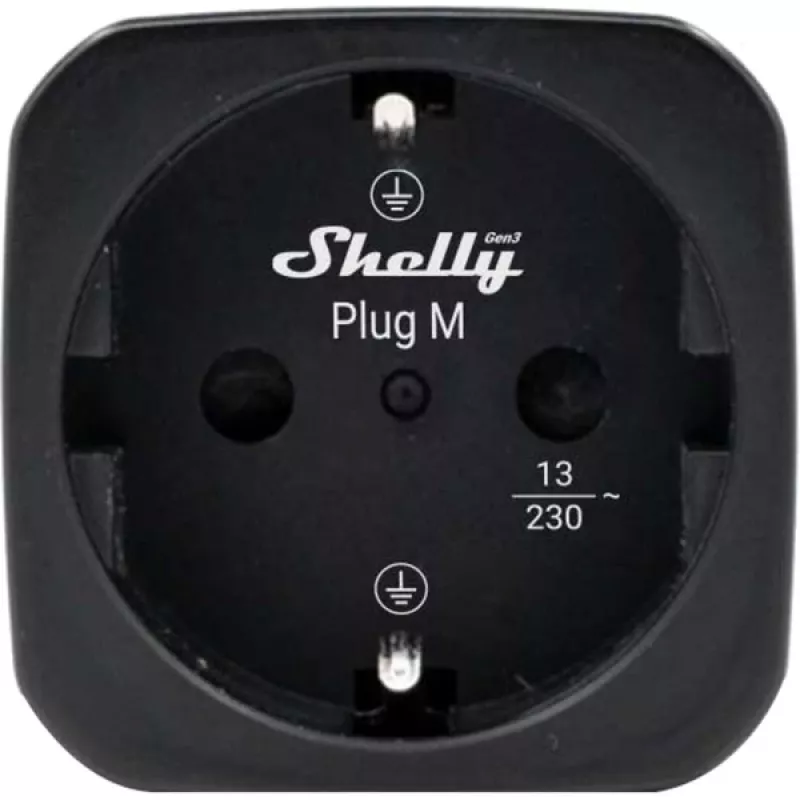 Shelly Plug M Gen3 enchufe inteligente negro con monitorización de energía, 13A, Wi-Fi y Bluetooth