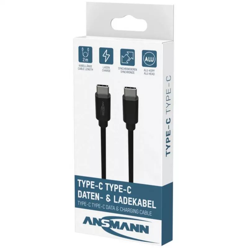ANSMANN Cable de datos y carga USB-C a USB-C 2m Negro 60W PD