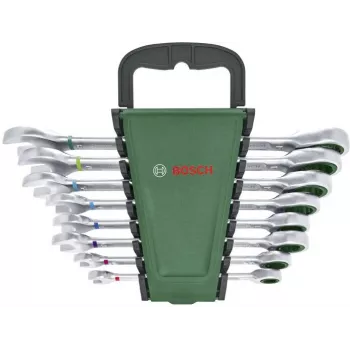 Bosch juego de llaves de carraca combinadas de 8 piezas con carraca reversible de 72 dientes, cromo vanadio, métrico 8-19 mm, maletín verde/negro