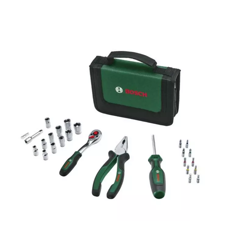 Bosch set de herramientas Starter, 26 piezas (verde/negro, con estuche textil con cremallera)